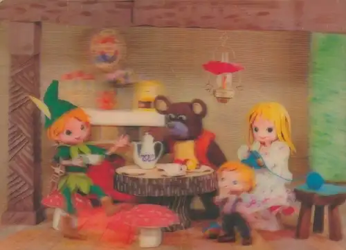 3-D Ak Puppen und Teddy am Tisch, Pilz, Kaffee