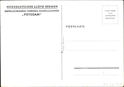 Künstler Ak Schmidt, R., NDL Doppelschrauben Turbinen Schnelldampfer Potsdam, Norddeutscher Lloyd