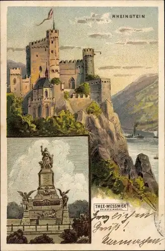 Künstler Litho Trechtingshausen am Rhein, Burg Rheinstein, Niederwald Denkmal