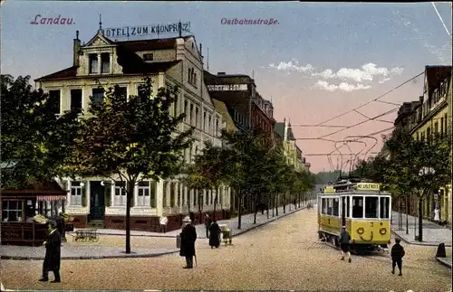 Ak Landau in der Pfalz, Hotel zum Kronprinz, Ostbahnstraße, Straßenbahn