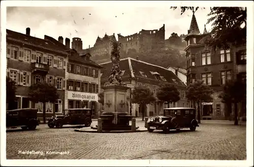 Ak Heidelberg am Neckar, Kornmarkt, Denkmal, Antiquariat, Autos