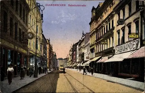 Ak Saarbrücken im Saarland, Bahnhofstraße, Geschäft Salamander, Sänger, Morgenstern, Straßenbahn