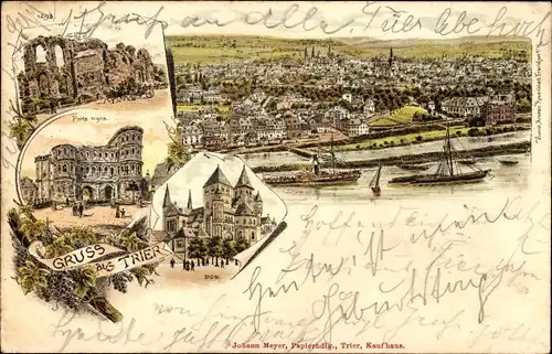 Litho Trier an der Mosel, Ortsansicht, Porta Nigra, Dom