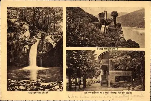 Ak Trechtingshausen am Rhein, Burg Rheinstein, Schweizerhaus, Morgenbachtal