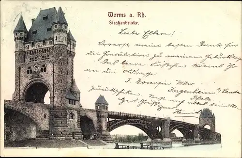 Ak Worms am Rhein, Straßenbrücke, Turm
