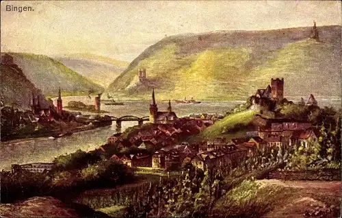 Künstler Ak Bingen am Rhein, Panorama, Bingerbrück, Elisenhöhe, Burg Klopp, Niederwald Denkmal