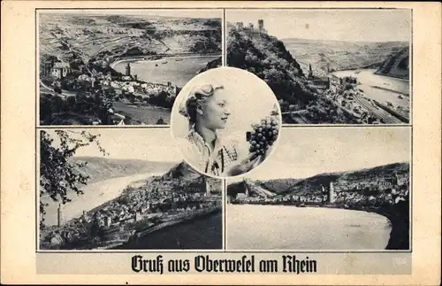 Ak Oberwesel am Rhein, Panorama, Frau mit Weintrauben