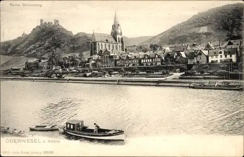 Ak Oberwesel am Rhein, Teilansicht, Ruine Schönburg, Kirche