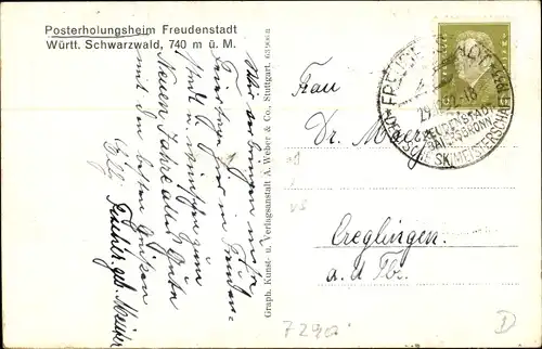 Ak Freudenstadt im Schwarzwald, Posterholungsheim