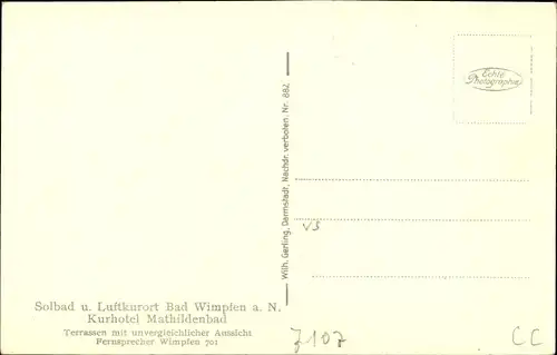 Ak Bad Wimpfen am Neckar, Kurhotel Mathildenbade, Blick von der Terrasse, Neckarabwärts