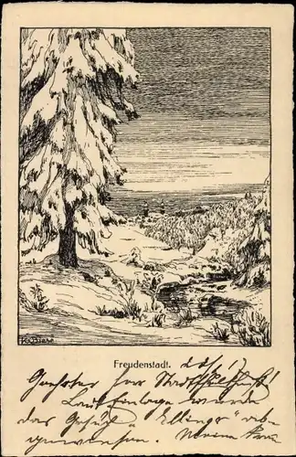 Künstler Ak Freudenstadt im Schwarzwald, Wintermotiv, Gedicht Hans Weiffenbach