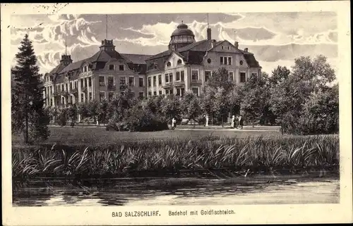 Ak Bad Salzschlirf in Hessen, Badehof, Goldfischteich