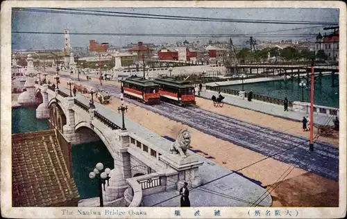 Ak Osaka Präfektur Osaka Japan, Naniwa Brücke, Straßenbahn