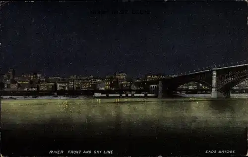 Ak Saint Louis Missouri USA, Eads-Bridge, Nacht, Flussufer, Skyline