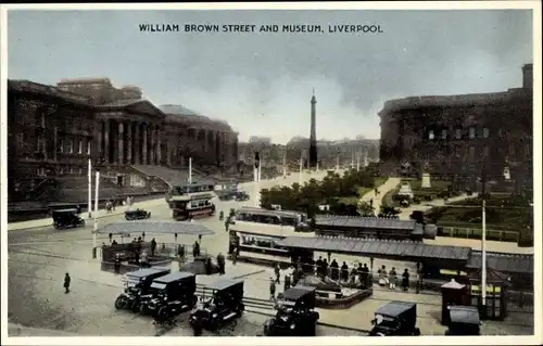 Ak Liverpool Merseyside England, William Brown Street und Museum, Bus, Automobil