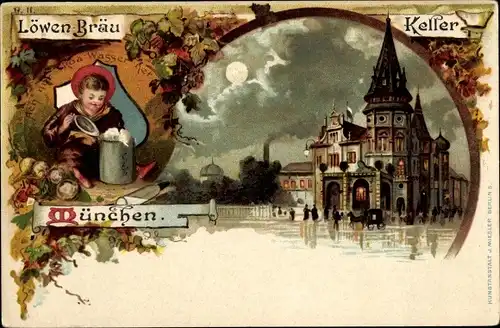 Litho München Bayern, Löwen Bräu Keller, Münchner Kindl, Bierkrug