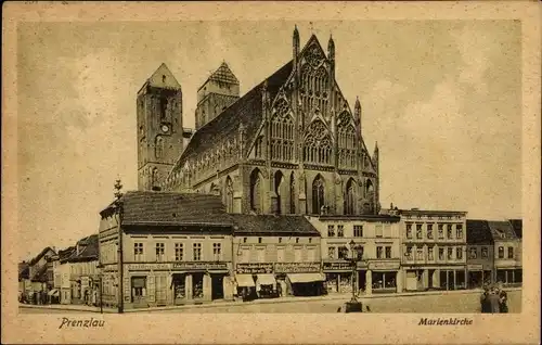 Ak Prenzlau Uckermark, Marienkirche, Platz mit Geschäften, Carl Ehmann, Ernst Meyer, Konditorei