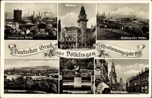 Ak Völklingen im Saarland, Rathaus, Röchlingsche Werke, Wilhelmstraße, Denkmal