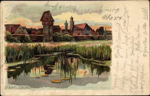 Litho Dinkelsbühl in Mittelfranken, Seeblick zum Ort