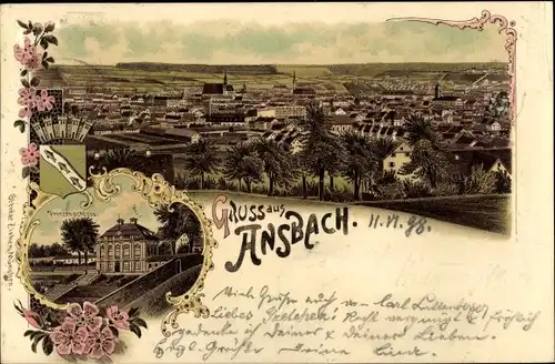 Litho Ansbach in Mittelfranken Bayern, Gesamtansicht, Schloss