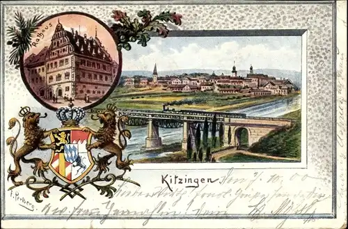 Künstler Litho Kitzingen in Mainfranken Bayern, Totale, Brücke, Rathaus, Wappen