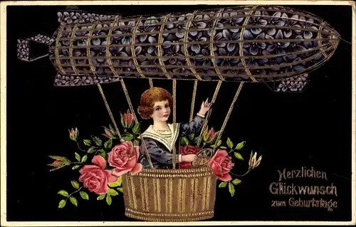 Ak Glückwunsch Geburtstag, Zeppelin, Veilchen, Rosen