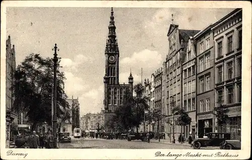 Ak Gdańsk Danzig, Der lange Markt mit Rathaus