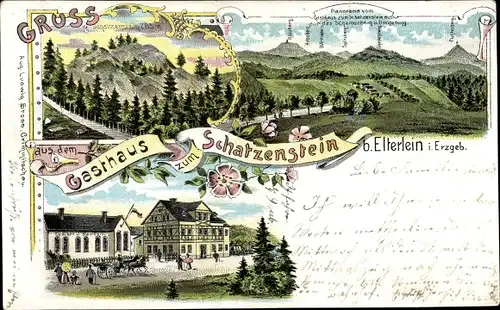 Litho Elterlein im Erzgebirge, Gasthaus Schatzenstein, Gesamtansicht, Bergspitzen