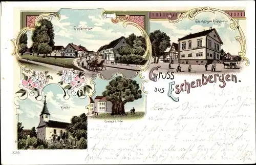 Litho Eschenbergen in Thüringen, Kirche, Gasthof zum Reichsadler, Große Linde, Dorfstraße