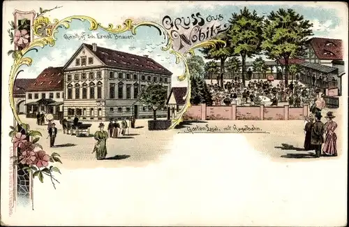 Litho Nobitz Altenburger Land, Gasthof, Kegelbahn, Garten