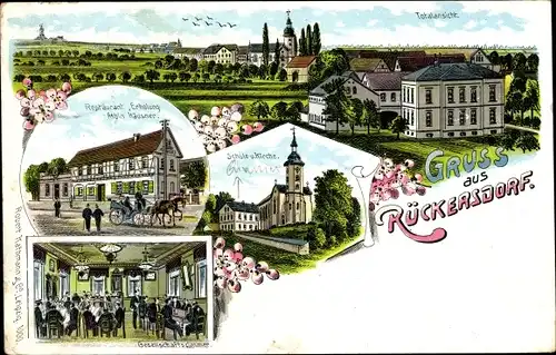 Ak Rückersdorf in Thüringen, Gesamtansicht, Restaurant Erholung, Kirche, Schule