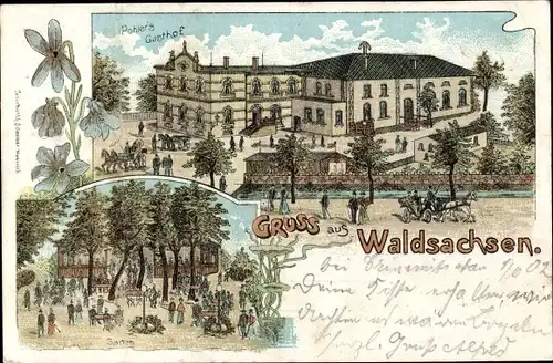 Litho  Waldsachsen Meerane in Sachsen, Pohler's Gasthof, Garten