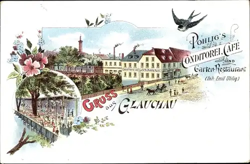 Litho Glauchau in Sachsen, Pohlig's Conditorei, Cafe und Gartenrestaurant