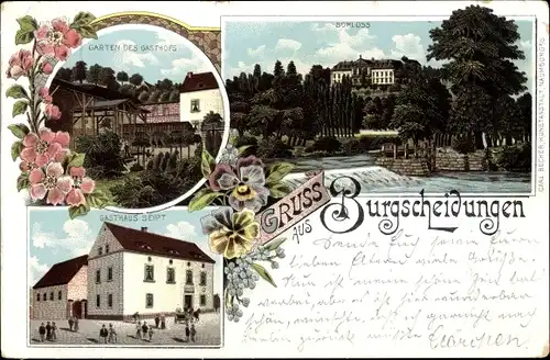 Litho Burgscheidungen Laucha Unstrut Sachsen Anhalt, Gasthaus Jul. Krausse, Garten des Gasthofs