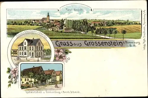 Litho Großenstein in Thüringen, Gesamtansicht, Gastwirtschaft, Geschäft von Bernh. Schmidt