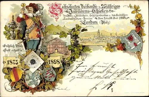 Ganzsachen Wappen Litho Landau in der Pfalz, 16. Verbands und 25jh. Jubiläumsschießen Juli 1898