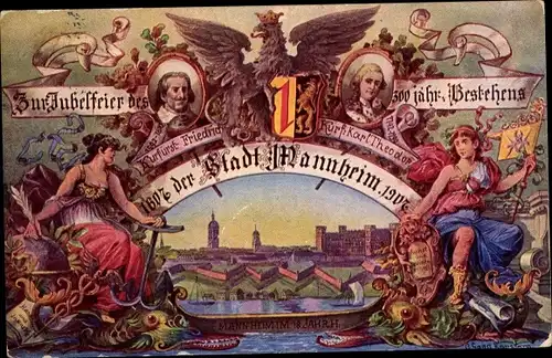 Ganzsachen Ak Mannheim, 300 Jahrfeier der Stadt 1907, Kurfürst Friedrich, Kurfürst Karl Theodor