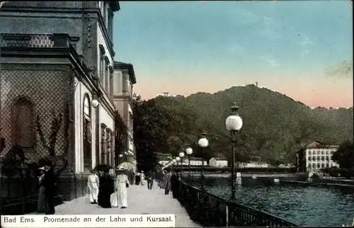 Ak Bad Ems an der Lahn, Promenade an der Lahn und Kursaal