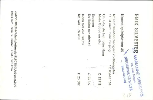 Ak Sänger Erik Silvester, Portrait, Autogramm, Emi Columbia