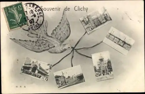 Ak Clichy Hauts de Seine, Taube, Turm, Brücke