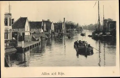 Ak Alphen aan den Rijn Südholland, Rheinpartie, Boot, Häuser
