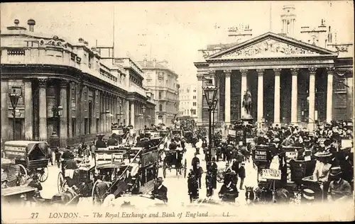 Ak London City, The Royal Stock Exchange und Bank of England