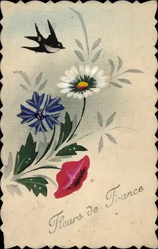 Handgemalt Ak Blumen von Frankreich, Schwalbe, Kitsch