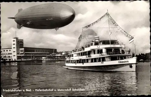 Ak Friedrichshafen am Bodensee, Hafenbahnhof, Motorschiff Schwaben, Zeppelin