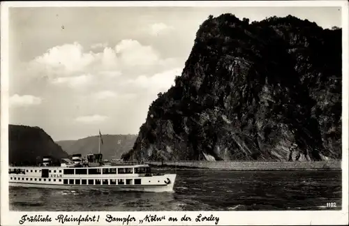 Ak Dampfer Köln, Binnenschiffe Rhein, Loreleyfelsen