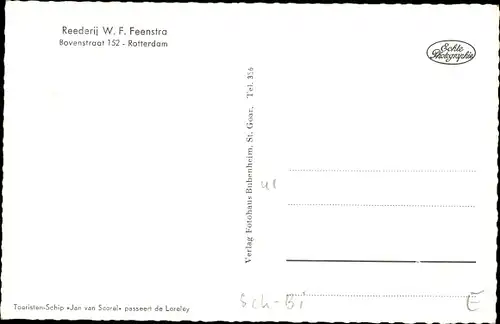 Ak Sankt Goarshausen am Rhein, Loreley, Salondampfer, Reederei W. F. Feenstra