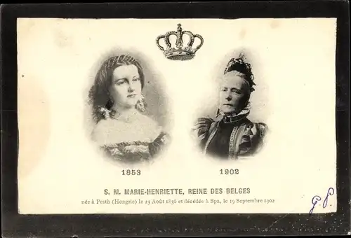 Ak S. M. Marie Henriette, Reine des Belges, Portrait 1853, 1902, Trauerkarte zum Tod