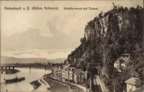 Ak Děčín Tetschen Bodenbach Elbe Reg. Aussig, Schäferwand, Bahnstrecke, Tunnel