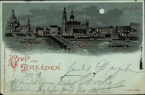 Mondschein Litho Dresden Altstadt, Stadtpanorama bei Nacht