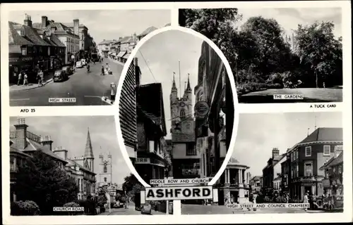 Ak Ashford Kent England, High Street, Gärten, Church Road, mittlere Reihe